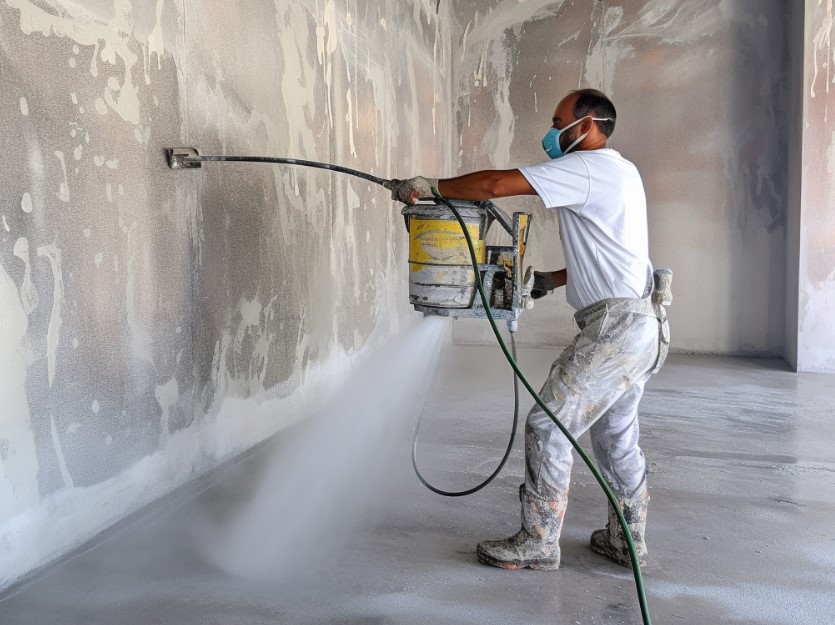 man applying xypex concrete coating to wall